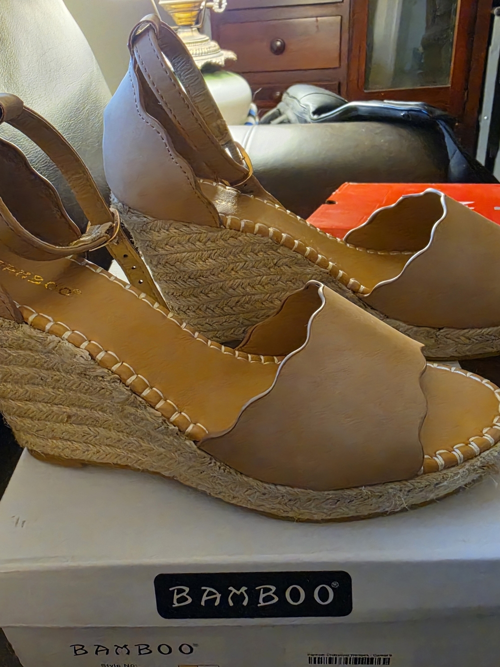 BAMBOO Scalloped Tan Espadrille Wedge Sandals